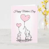 Moederdag Roze Olifanten Ballon hart Kaart (Gele Bloem)