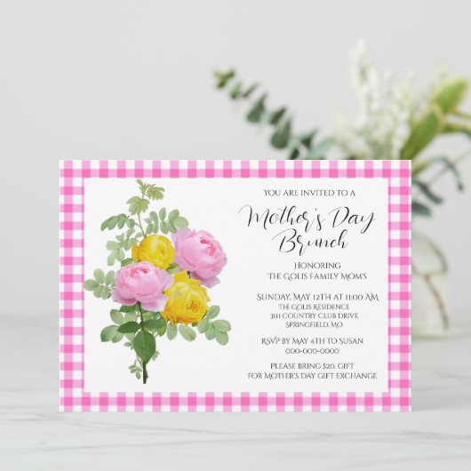 Moederdag Roze Rozen Brunch Kaart (Staand voorkant)