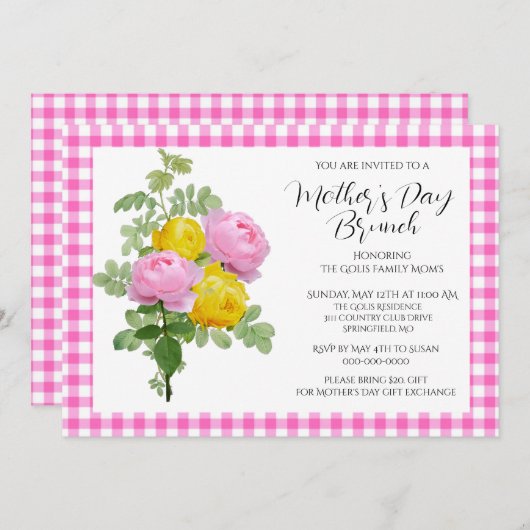 Moederdag Roze Rozen Brunch Kaart (Voorkant / Achterkant)