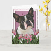 Moederdag - Roze Tulpen - Boston Terrier Kaart (Gele Bloem)