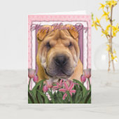 Moederdag - Roze Tulpen - Chinese Shar Pei Kaart (Gele Bloem)