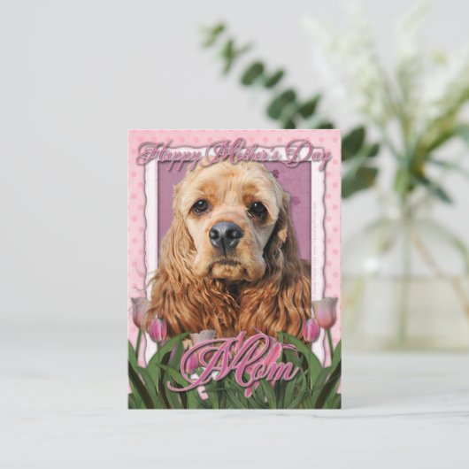 Moederdag - Roze Tulpen - Cocker Spaniel Briefkaart (Staand voorkant)