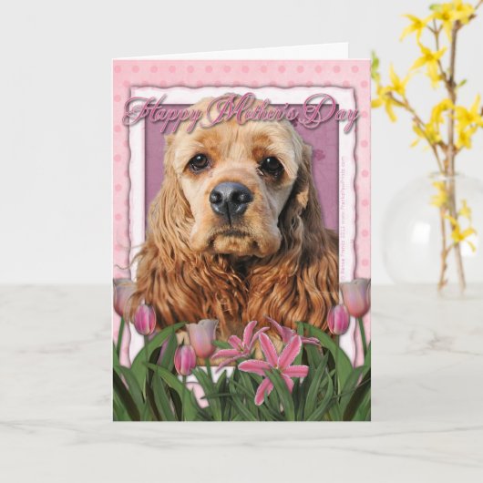 Moederdag - Roze Tulpen - Cocker Spaniel Kaart (Gele Bloem)