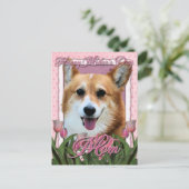 Moederdag - Roze Tulpen - Corgi - Owen Briefkaart (Staand voorkant)