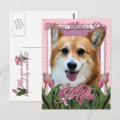 Moederdag - Roze Tulpen - Corgi - Owen Briefkaart (Voorkant / Achterkant)