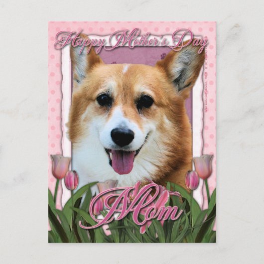 Moederdag - Roze Tulpen - Corgi - Owen Briefkaart (Voorkant)