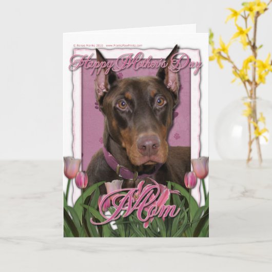 Moederdag - Roze Tulpen - Doberman - Rotsachtig Kaart (Gele Bloem)
