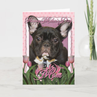 Moederdag - Roze Tulpen - Franse Bulldog - Blauwgr Kaart