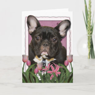 Moederdag - Roze Tulpen - Frenchie - Blauwgroen Kaart