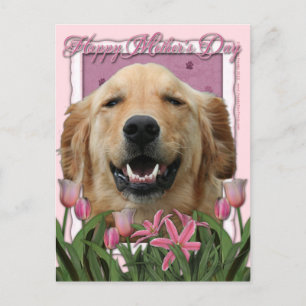Moederdag - Roze Tulpen - Golden Retriever Briefkaart