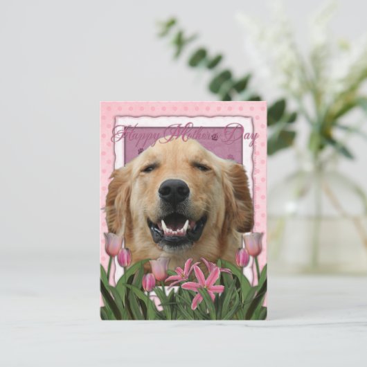 Moederdag - Roze Tulpen - Golden Retriever Briefkaart (Staand voorkant)