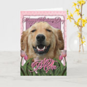 Moederdag - Roze Tulpen - Golden Retriever Kaart (Gele Bloem)