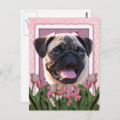 Moederdag - Roze Tulpen - Pug Briefkaart (Voorkant / Achterkant)