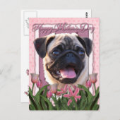 Moederdag - Roze Tulpen - Pug Briefkaart (Voorkant / Achterkant)