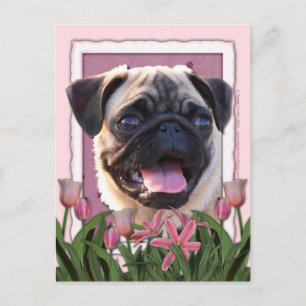 Moederdag - Roze Tulpen - Pug Briefkaart