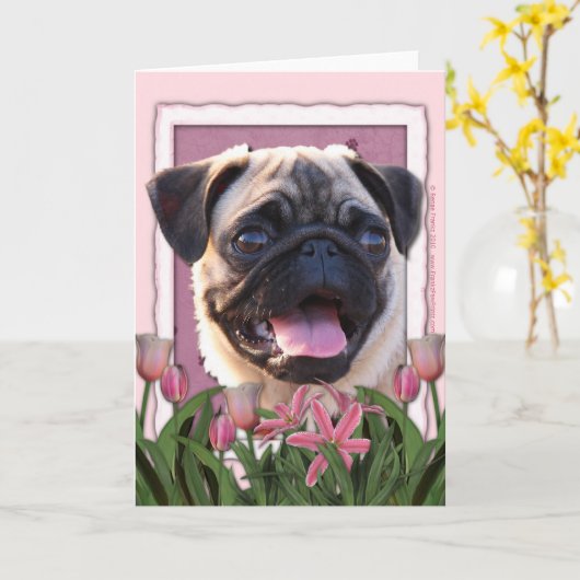 Moederdag - Roze Tulpen - Pug Kaart (Gele Bloem)