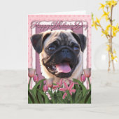 Moederdag - Roze Tulpen - Pug Kaart (Gele Bloem)