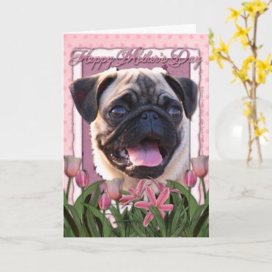 Moederdag - Roze Tulpen - Pug Kaart (Gele Bloem)