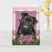 Moederdag - Roze Tulpen - Pug - Ruffy Kaart (Gele Bloem)