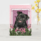 Moederdag - Roze Tulpen - Pug - Ruffy Kaart (Gele Bloem)
