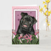 Moederdag - Roze Tulpen - Pug - Ruffy Kaart (Gele Bloem)