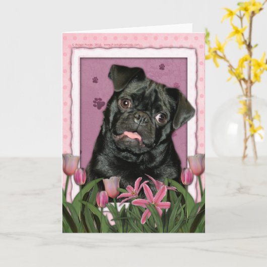 Moederdag - Roze Tulpen - Pug - Ruffy Kaart (Gele Bloem)