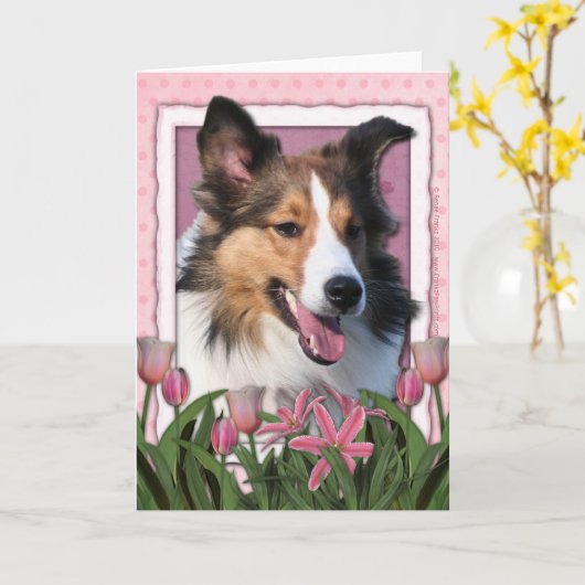 Moederdag - Roze Tulpen - Sheltie Kaart (Gele Bloem)
