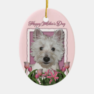 moederdag - Roze Tulpen - Westie Keramisch Ornament