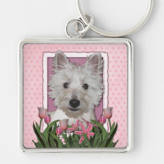 moederdag - Roze Tulpen - Westie Sleutelhanger (Voorkant)