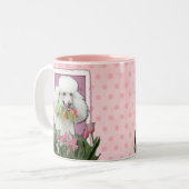 moederdag - Roze Tulpen - Wit Tweekleurige Koffiemok (Voorkant links)