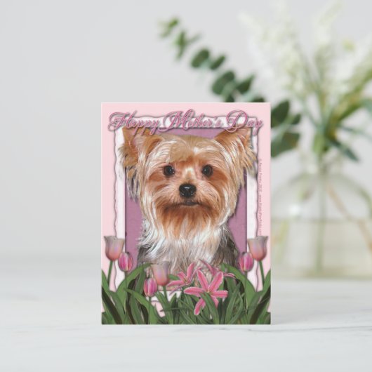 Moederdag - Roze Tulpen - Yorkshire Terrier Briefkaart (Staand voorkant)