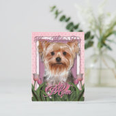 Moederdag - Roze Tulpen - Yorkshire Terrier Briefkaart (Staand voorkant)