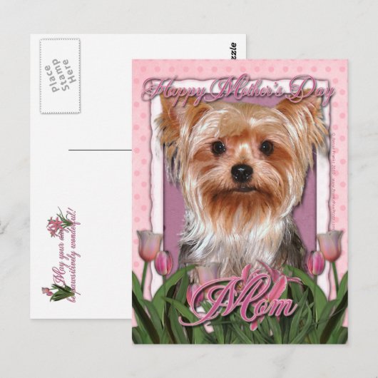 Moederdag - Roze Tulpen - Yorkshire Terrier Briefkaart (Voorkant / Achterkant)