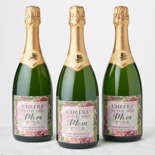 Moederdag roze Waterverf Flowers CHEERS best Sparkling Wijnetiket (Flessen)