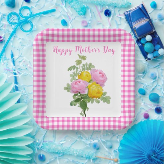Moederdag Rozen met roze gingham Papieren Bordje (Feest)