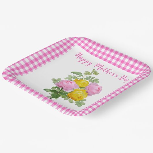 Moederdag Rozen met roze gingham Papieren Bordje (Gebogen)