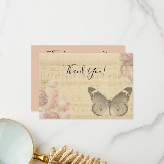Moederdag Rozen voor oude muziekvellen Butterfly Bedankkaart (Voorkant / Achterkant in situ)