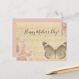 Moederdag Rozen voor oude muziekvellen Butterfly Feestdagenkaart