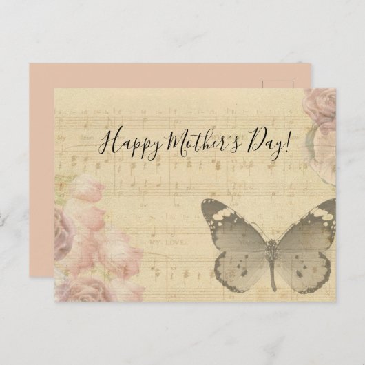 Moederdag Rozen voor oude muziekvellen Butterfly Feestdagenkaart (Voorkant / Achterkant)