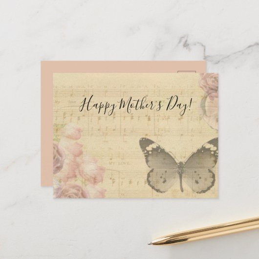 Moederdag Rozen voor oude muziekvellen Butterfly Feestdagenkaart (Voorkant / Achterkant in situ)