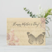 Moederdag Rozen voor oude muziekvellen Butterfly Feestdagenkaart (Staand voorkant)