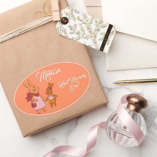 Moederdag Schattige Konijn. Ovale Sticker (Geschenken)