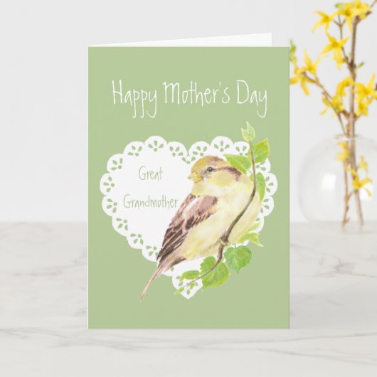 Moederdag Sparrow Bird Great Grandmoeder Kaart (Gele Bloem)