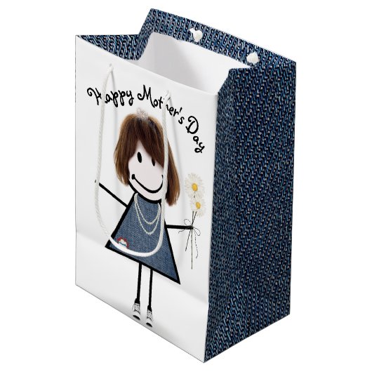 Moederdag Stick Girl met Daisies Medium Cadeauzakje (Voorkant Gekanteld)