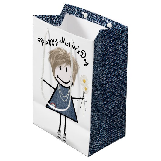 Moederdag Stick Girl met Daisies Medium Cadeauzakje (Voorkant Gekanteld)
