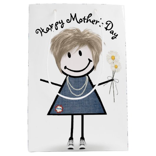 Moederdag Stick Girl met Daisies Medium Cadeauzakje (Voorkant)