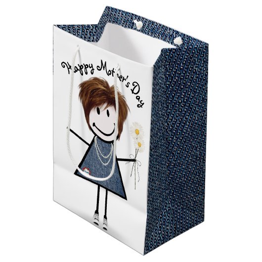 Moederdag Stick Girl met Daisies Medium Cadeauzakje (Voorkant Gekanteld)