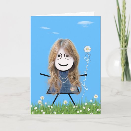 Moederdag Stick Girl met Daisy Friend Bouquet Kaart (Voorkant)