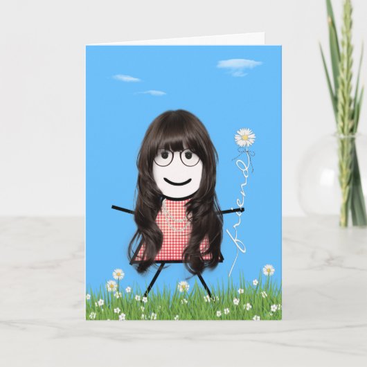 Moederdag Stick Girl met Daisy Friend Bouquet Kaart (Voorkant)