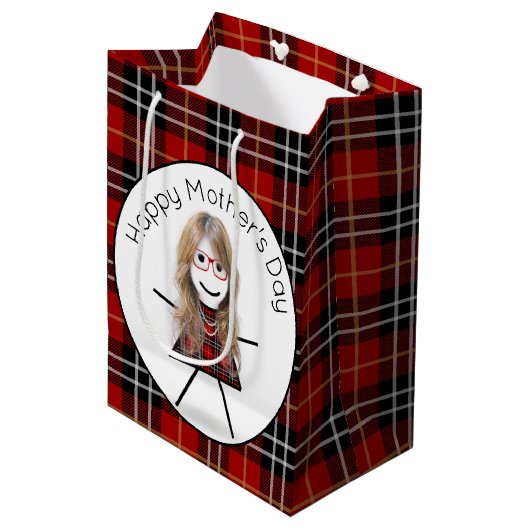 Moederdag Stick Girl op Tartan Medium Cadeauzakje (Voorkant Gekanteld)